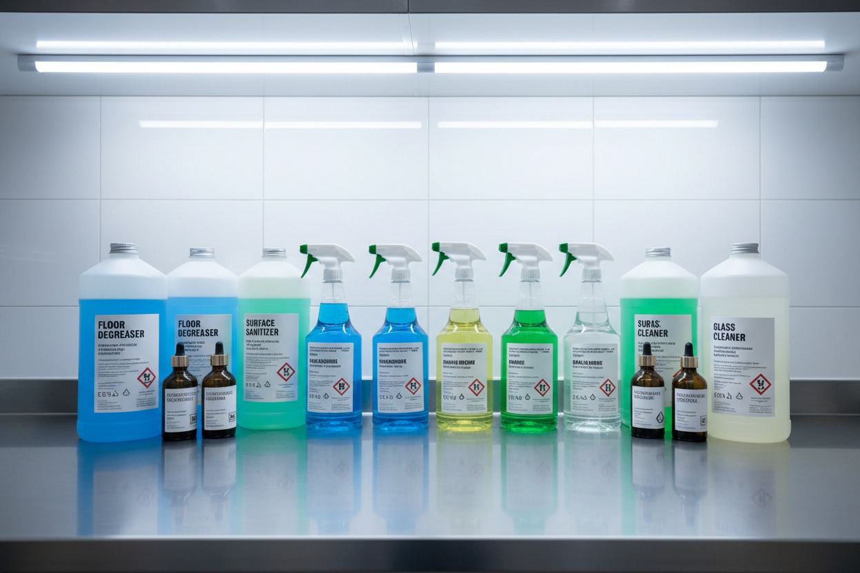 Una fila di flaconi di detergenti professionali di vari colori e formati disposti su un piano di lavoro in acciaio inox.