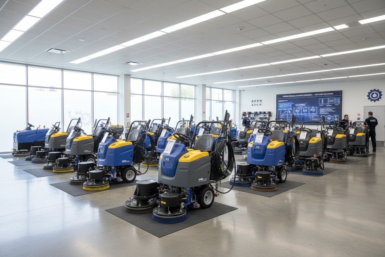 Una vasta esposizione di macchine lavapavimenti industriali blu e gialle allineate in un ampio showroom luminoso.