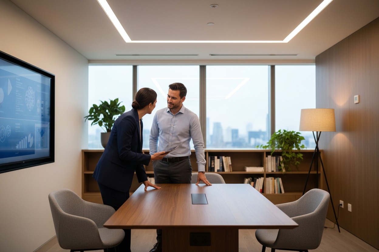 Due professionisti discutono di un progetto in una sala riunioni moderna con vista sulla città.