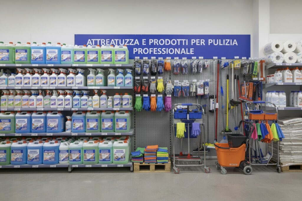Scaffali di un negozio riforniti con prodotti chimici, attrezzature e accessori per la pulizia professionale.
