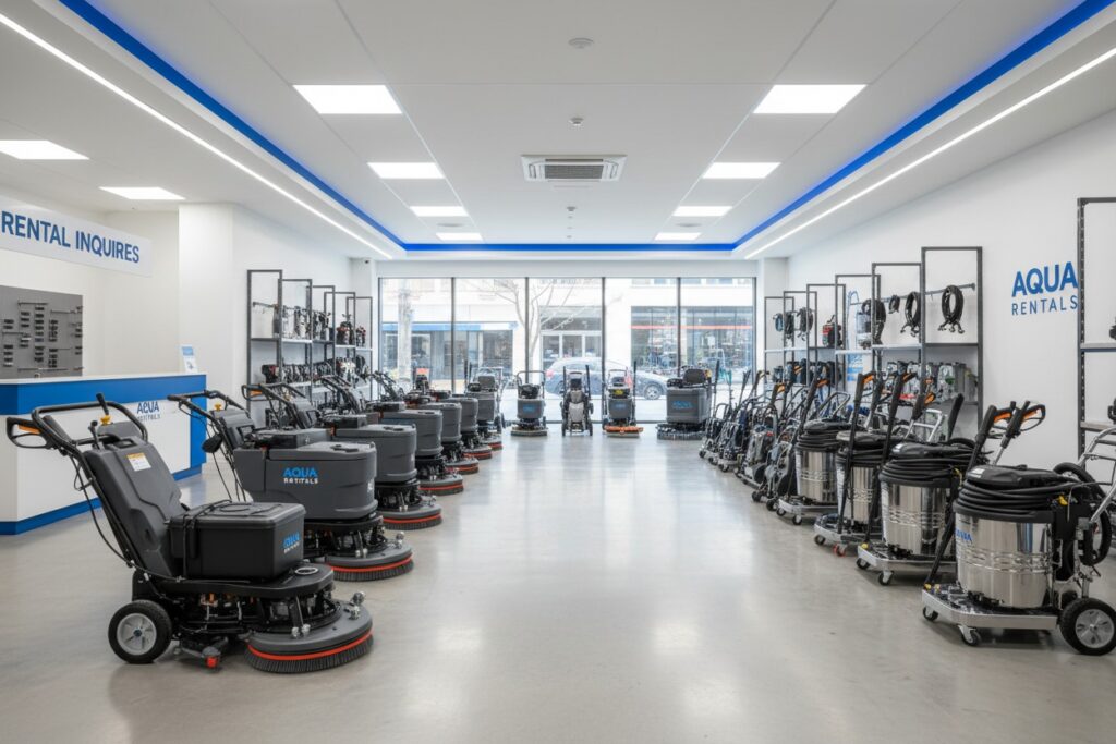 Showroom moderno con macchinari professionali per la pulizia industriale esposti in vendita e a noleggio.